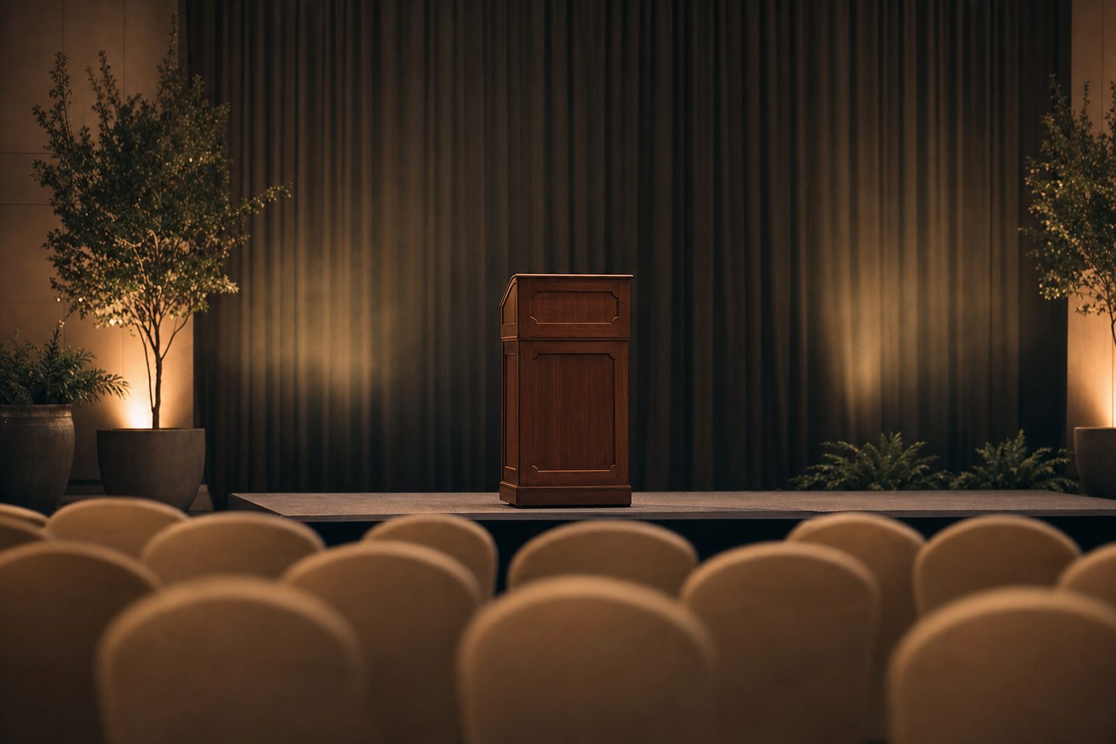 An empty conference stage with a lectern, warmly lit, before an audience arrives